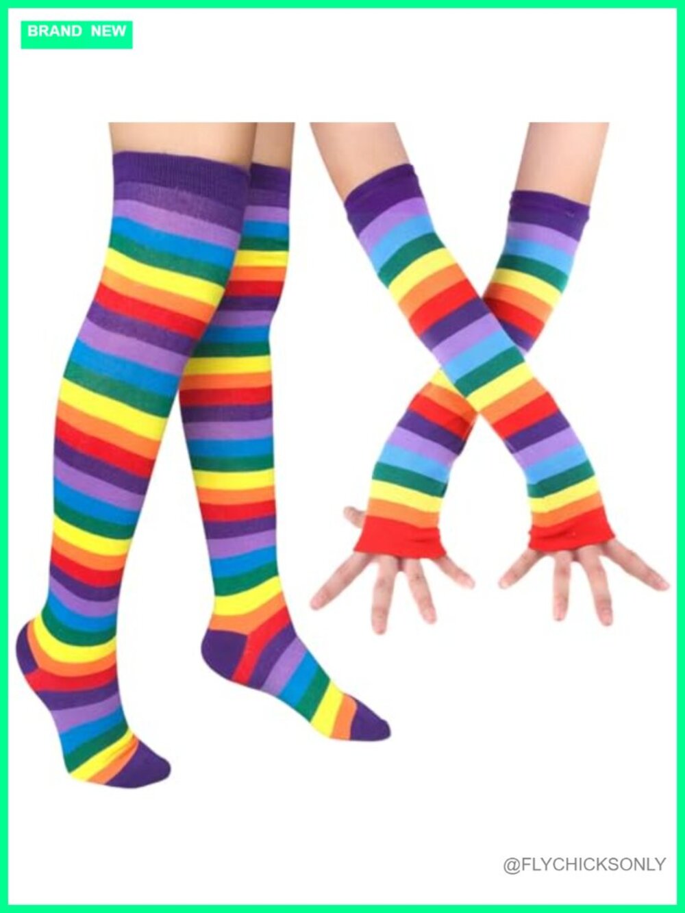 Rainbow Knee High Socks & Arm Warmer Gloves Set Soft Breathable Striped for